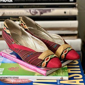 Vintage Mario Valentino Women Colorful Ethnic Silk Fabric Low Wedge Pumps- 6 1/2